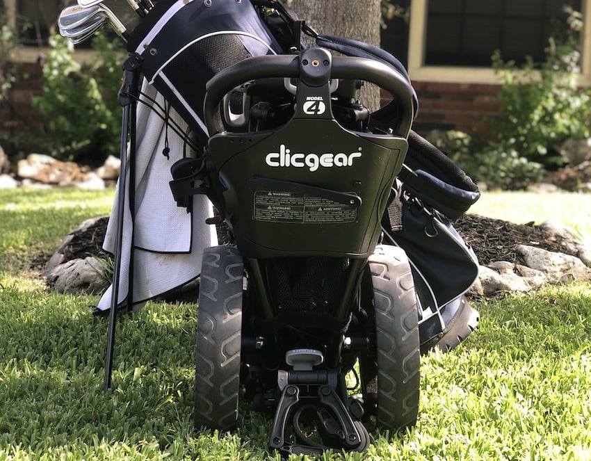 Clicgear Model 4 Golf Pull Cart & Hogans in the background